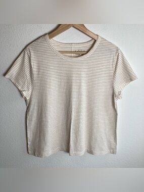 LOFT Beige White Striped Short Sleeve Crewneck Top Women’s Size Large Soft